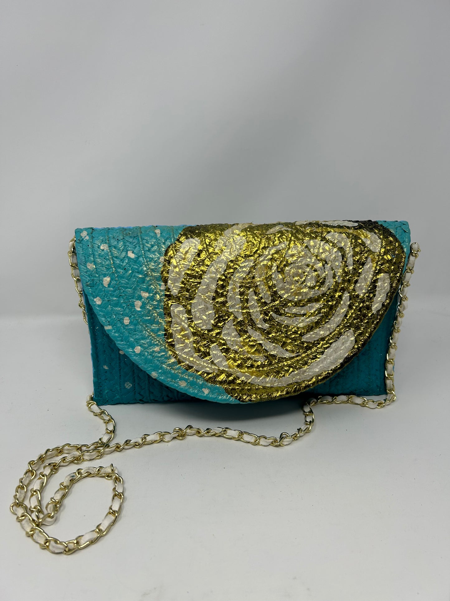 Camellia Turquoise and Golden Double Sided Straw Crossbody Bag/Clutch