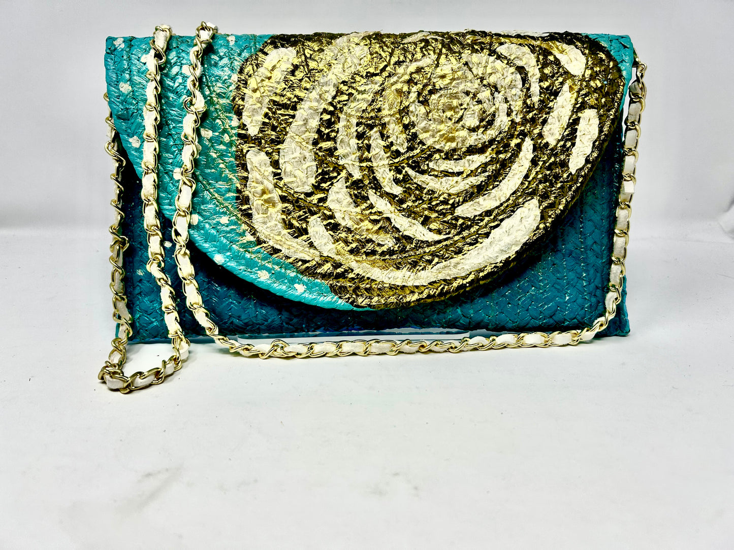 Camellia Turquoise and Golden Double Sided Straw Crossbody Bag/Clutch