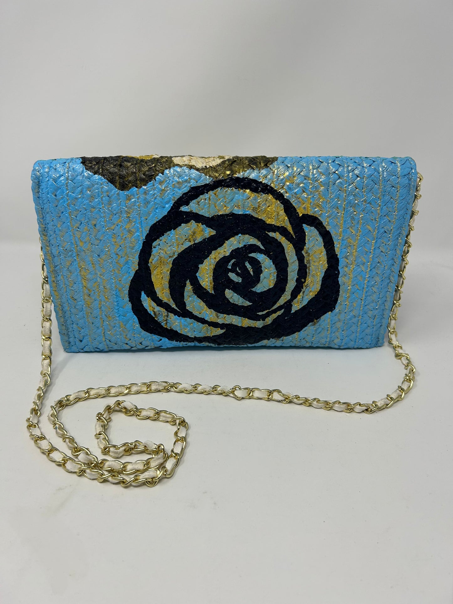 Camellia Turquoise and Golden Double Sided Straw Crossbody Bag/Clutch