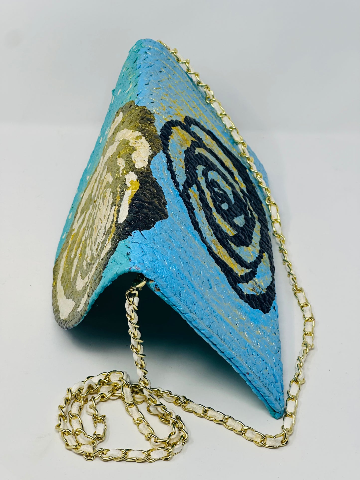 Camellia Turquoise and Golden Double Sided Straw Crossbody Bag/Clutch