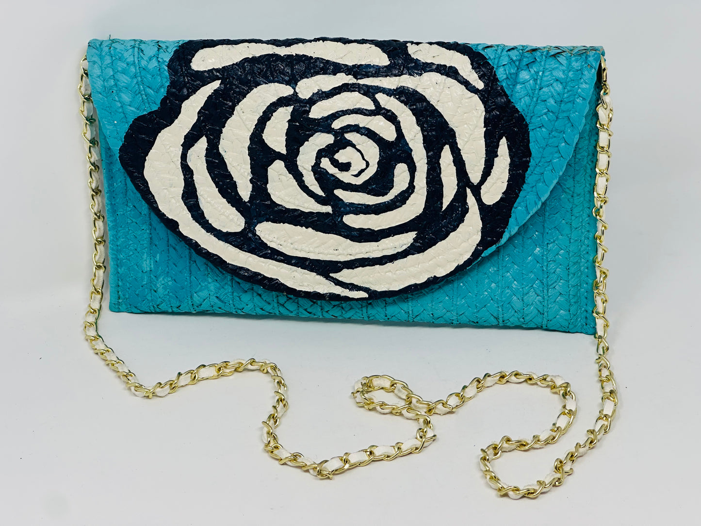 Camellia Turquoise Straw Crossbody Bag/Clutch