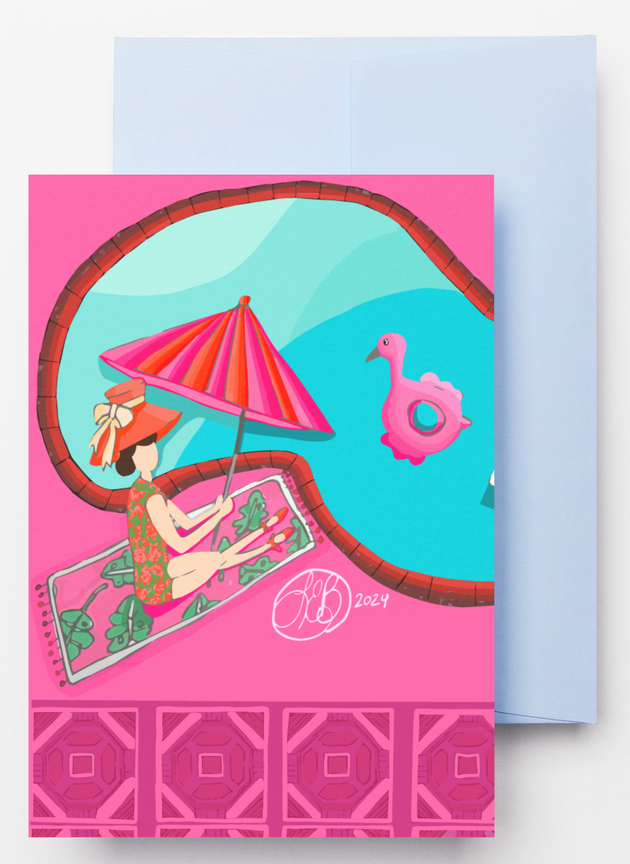Pink Poolside Holiday Individual Greeting Card