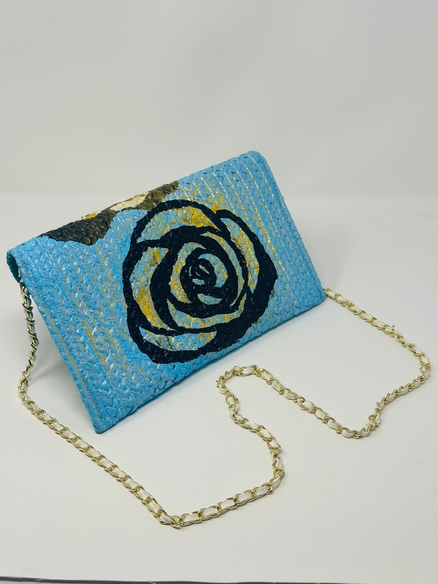 Camellia Turquoise and Golden Double Sided Straw Crossbody Bag/Clutch