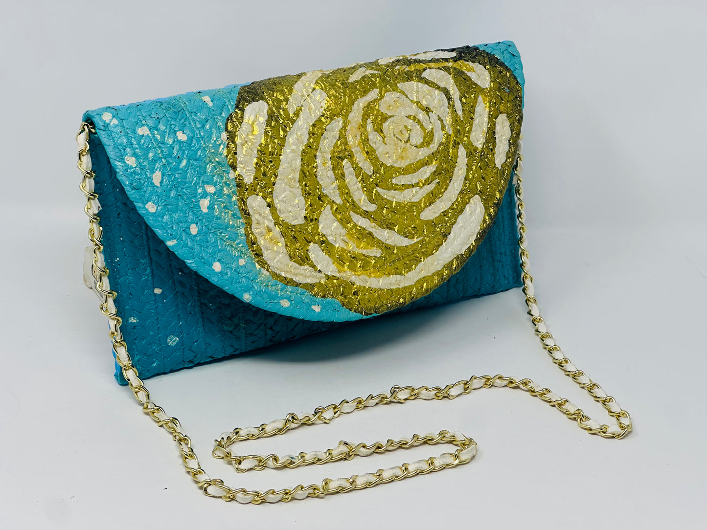 Camellia Turquoise and Golden Double Sided Straw Crossbody Bag/Clutch