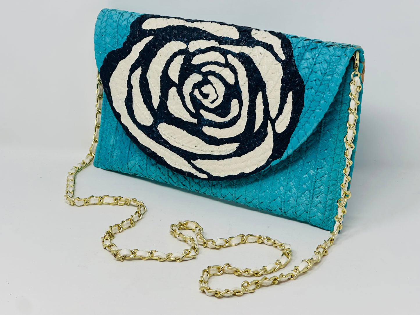 Camellia Turquoise Straw Crossbody Bag/Clutch