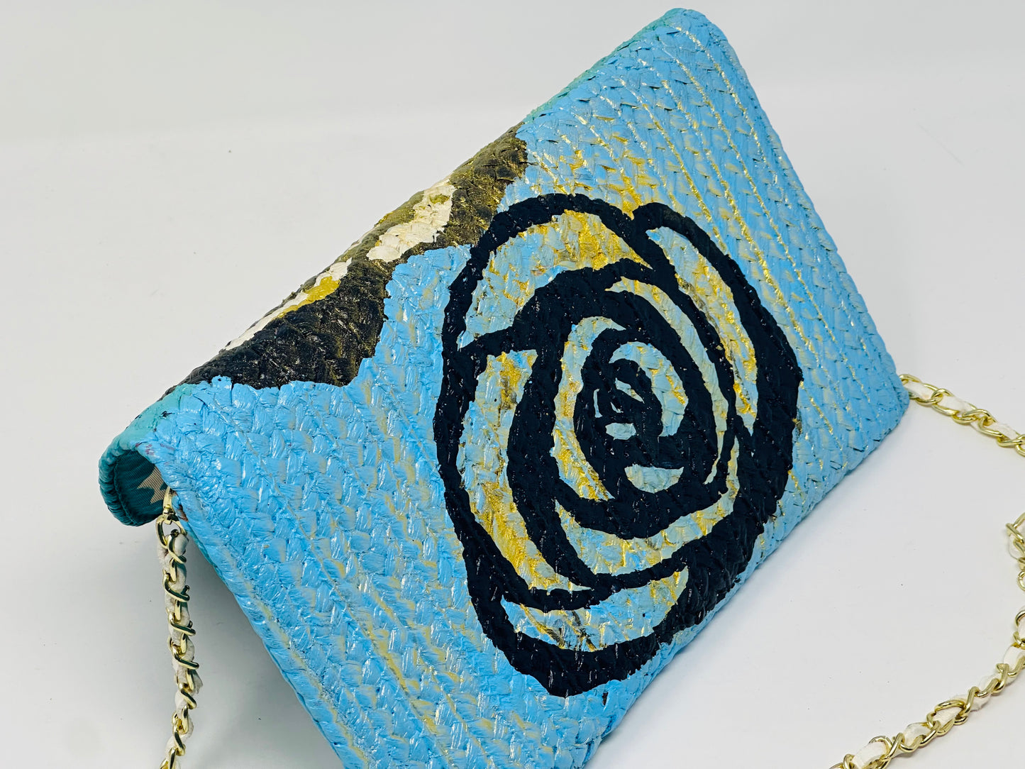 Camellia Turquoise and Golden Double Sided Straw Crossbody Bag/Clutch