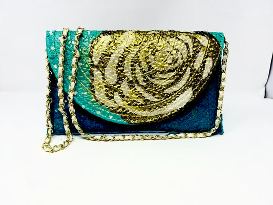 Camellia Turquoise and Golden Double Sided Straw Crossbody Bag/Clutch